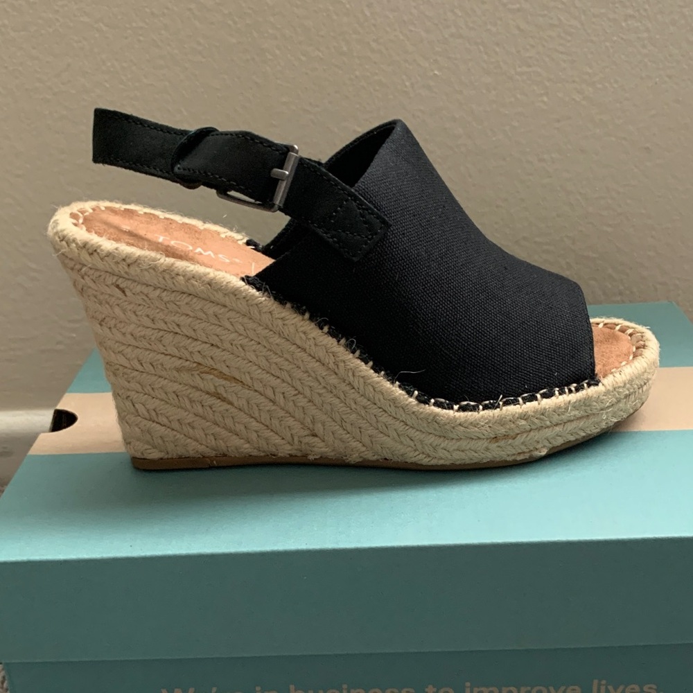 Toms Black Canvas Espadrille Wedge Sandals